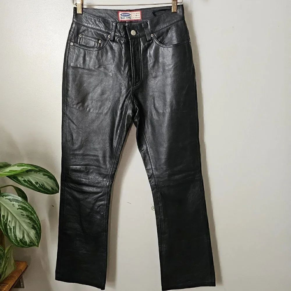 EUC AMAZING VINTAGE OLD NAVY BLUE JEANS GENUINE LEATHER STRAIGHT PANTS SIZE 4